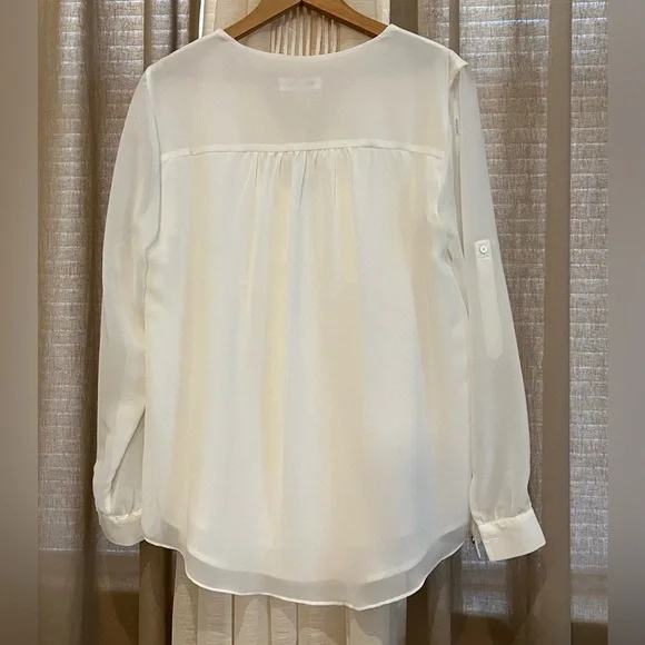 Calvin Klein Sz S Ivory Blouse Layered Sheer Rolled up Sleeve Top Career work - Picture 2 of 11